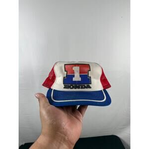 Vintage 1980s Honda Racing Trucker Hat Red White Blue Mesh Snapback Cap USA